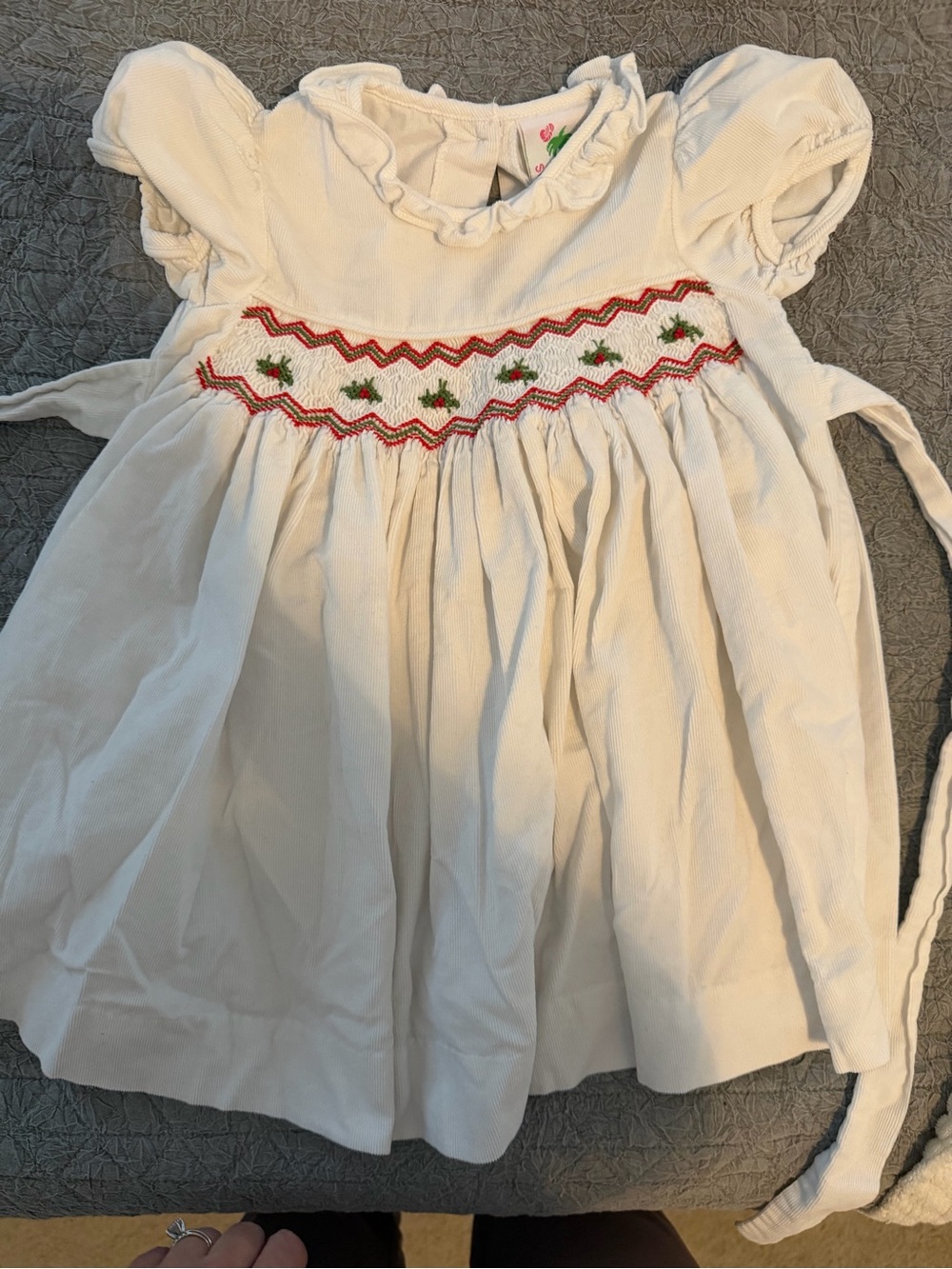 White Girls' Casual Dress with Red & Green Smocking
